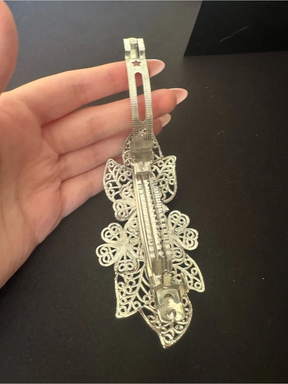 Vintage Silver Tone Floral Filigree Hair Clip with Clear Crystal Centers